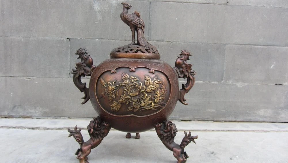 

Chinese Royal Red Copper Bronze Foo Dog Lion Peony Phoenix Incense burner Censer