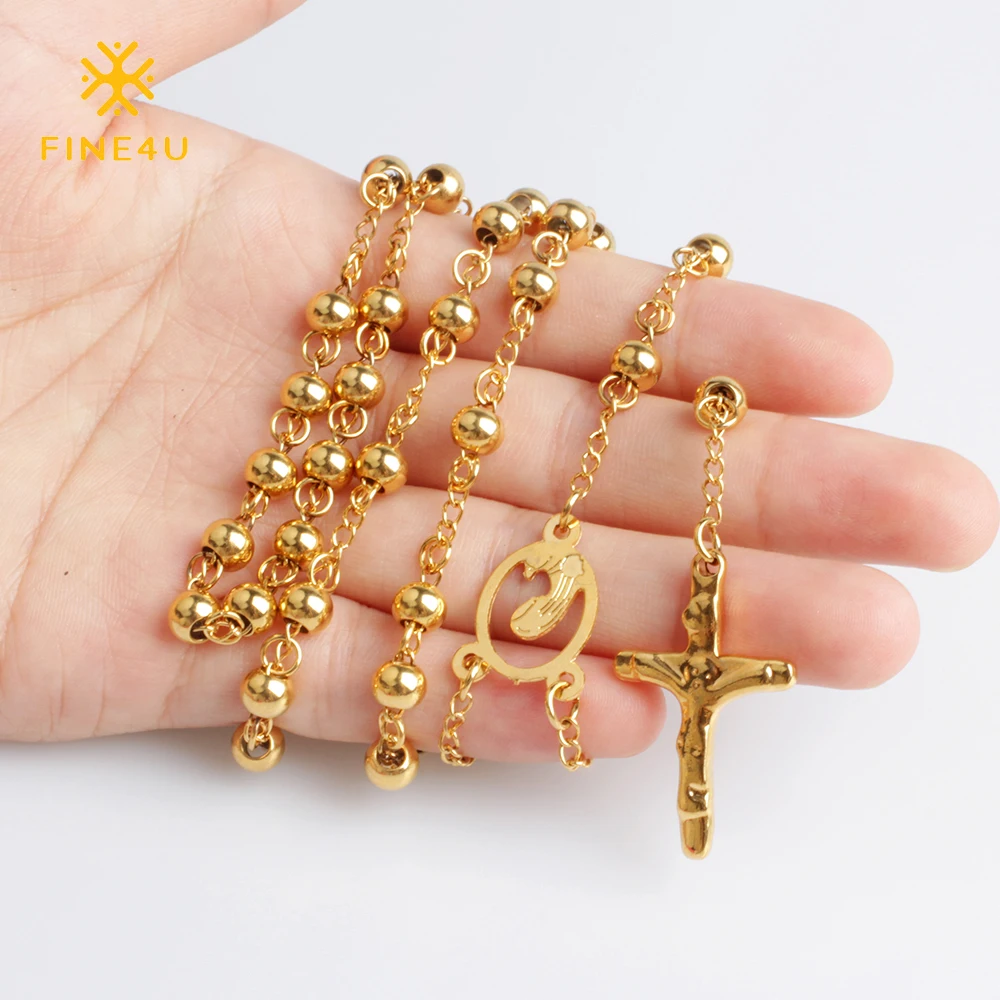 2018 New FINE4U N052 Cross Pendant Necklace For Men Women 316L Stainless Steel Rosary Beads Necklace Religious Jewelry