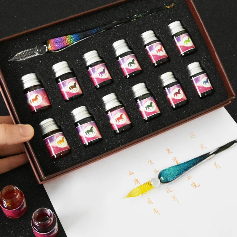 Online JUGAL Stern Glas Stift Tinte Set Student mit Transparent Emaille Stift Geschenk Box Handgemachte Kristall Brunnen Stift Tinte Büro Kunst liefert