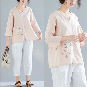 

2019 woman clothing blusas mujer plus size tops peony floral printed with loose fork cotton and linen women