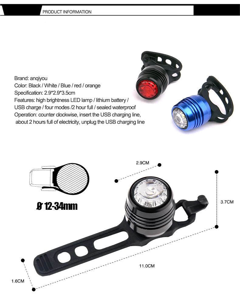 Top Cycling Safety Warning Lamp 6-20 Hours Runtime MTB Road Bike Rear Head Light Cycle Lighting Figment USB Charge Red White Color 4