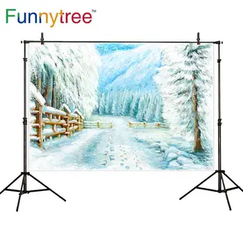 

Funnytree photophone for photo studio oil painting snow trees Fence outdoor view footprint family winter backdrop background