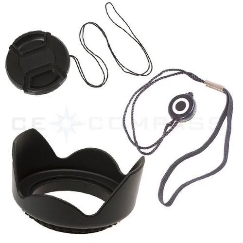 

3 in 1 49 52 55 58 62 67 72 77 82mm Flower Lens Hood + Snap on Lens Cap + Lens Cap Keeper Elastic Loop for SLR Cameras