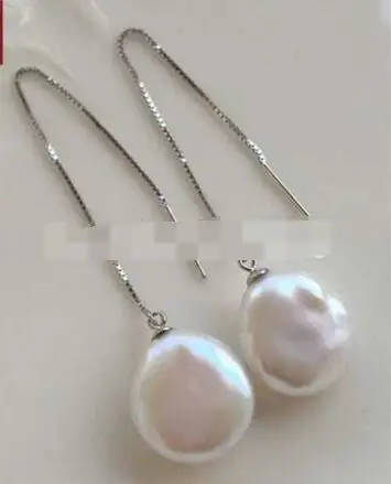 

Free shipping 13-14mm white baroque cion Freshwater cultured pearls 925 silver earrings
