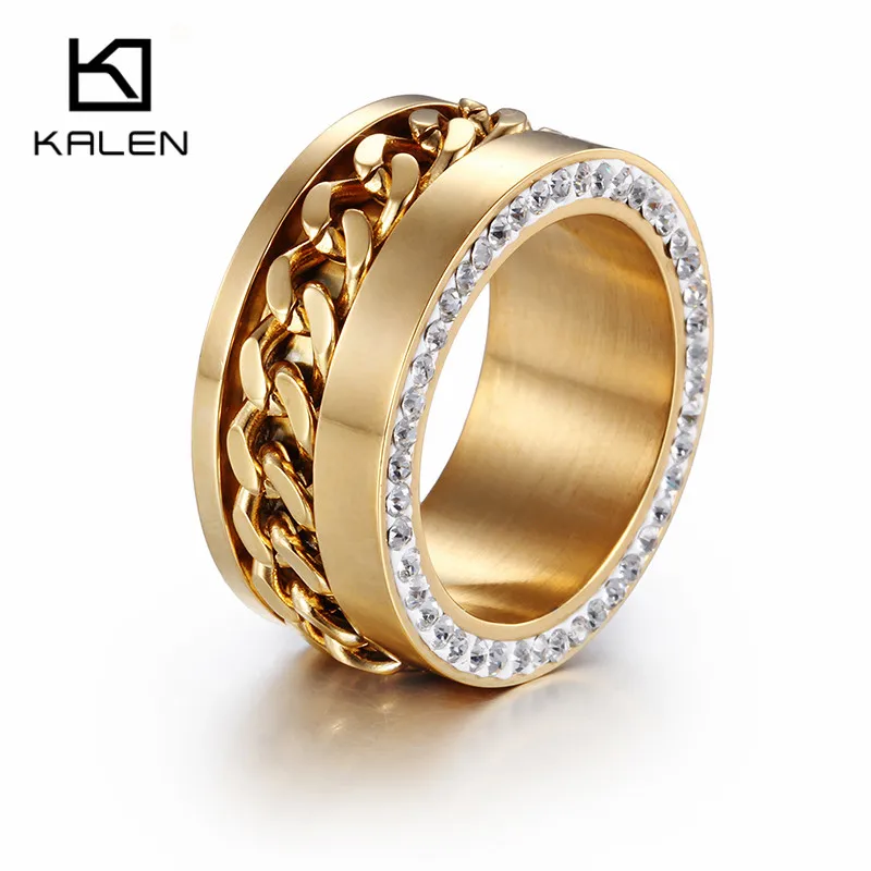 

KALEN Jewelry Peru Lima Gold Twist Pattern Rings with Rhinestone Classic Vintage Rings Stainless Steel Wedding Rings for Women