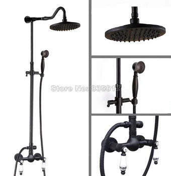 

Black Oil Rubbed Bronze Bathroom Dual Ceramic Flower Handles Rain Shower Faucet with Hand Held Shower Head Mixer tap Wrs815