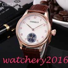 Luxury 2017 Newest Fashion Corgeut 44mm white dial Rose Case Leather Hand Winding 6498 movement Men