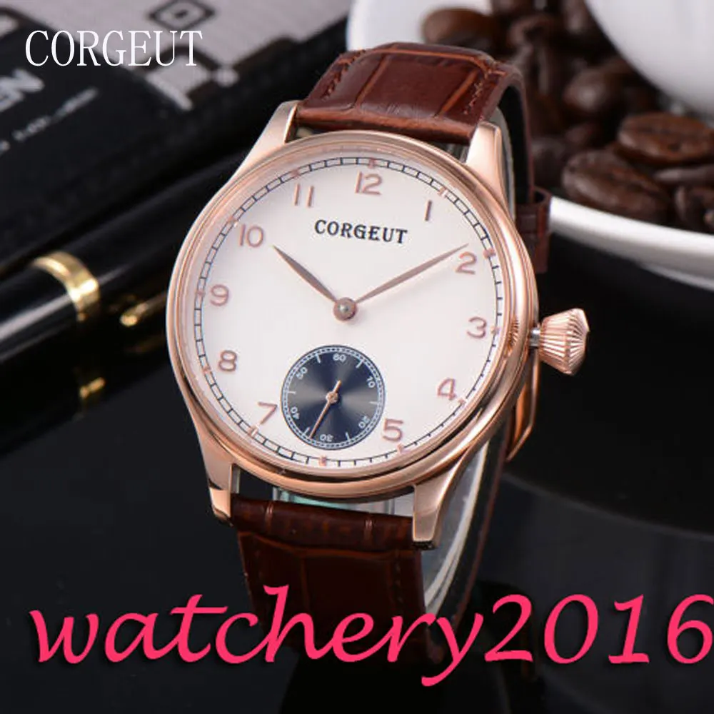 

Luxury Brand New Fashion Corgeut 44mm white dial Rose Golden Case Leather Hand Winding 6498 movement Men's Mechanical Wristwatch