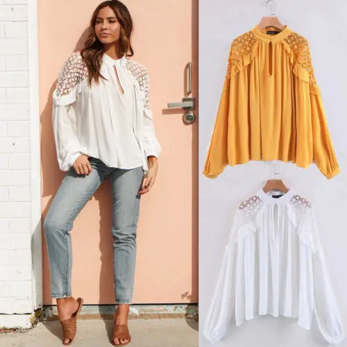 

Women Loose Long Sleeve Shirt Casual Blouse Shirt Tunic Tops Blouse Fashion Women's Summer Clothing Lace