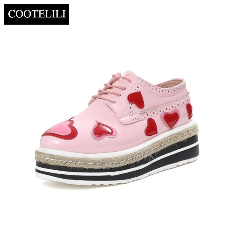 COOTELILI 35 39 Spring Flats Platforms Women Shoes Print Heart Shaped Lace Up Wedges Brogue