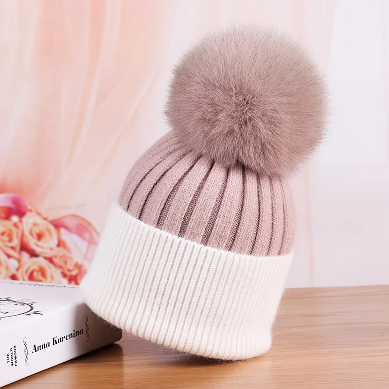 Вязаная шапка женская осенняя и зимняя теплая простая шерстяная шапка с помпоном из меха лисы 15 см толстые шапки-бомберы - Цвет: Pink