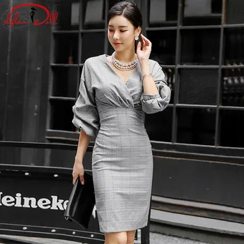 

Autumn V-Neck Wrinked Knee-Length Pencil Midi Work Dress Lantern Sleeve Women Sexy Plaid Cloth High Waist Office Vestidos