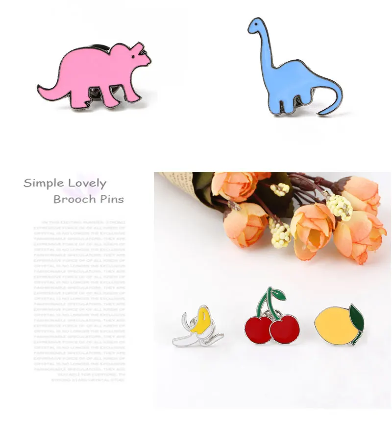 3~8 Pcs/set Cute Cherry Banana Enamel Brooch Pin Flamingo Dinosaur Plants Food Cats Cactus Juice Pins Badge Brooches For Women