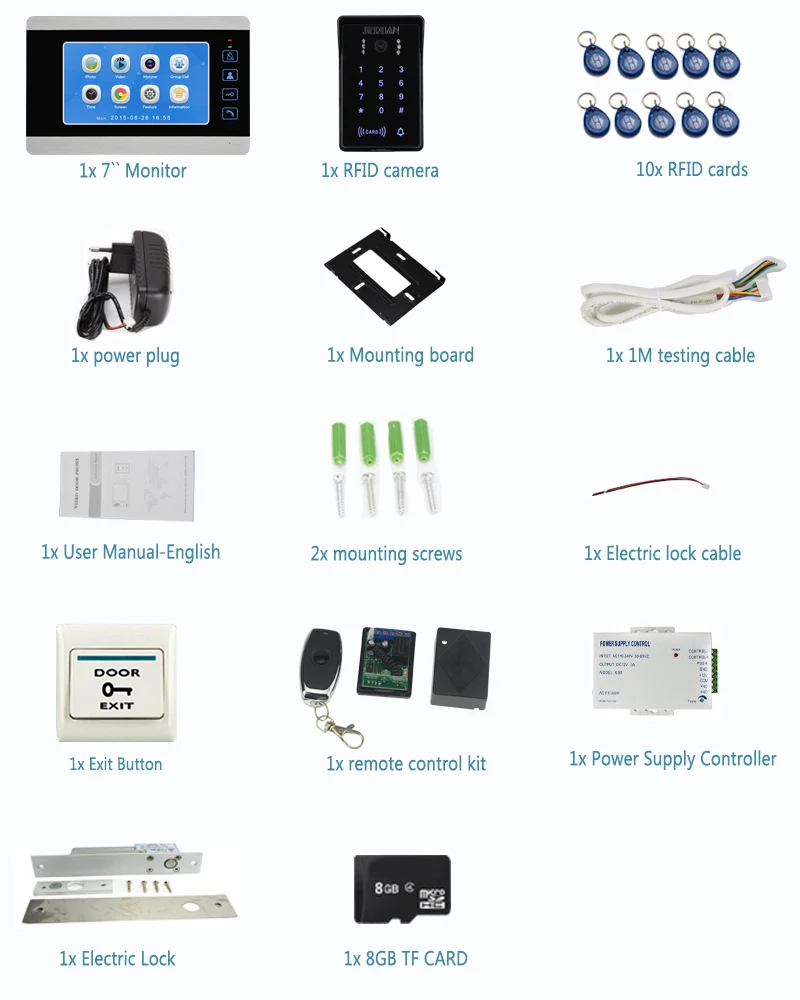 JERUAN 7 дюймов видео-дверной звонок телефон голос/видео Запись домофон Системы комплект с Водонепроницаемый пароль доступа RFID Камера 8 г