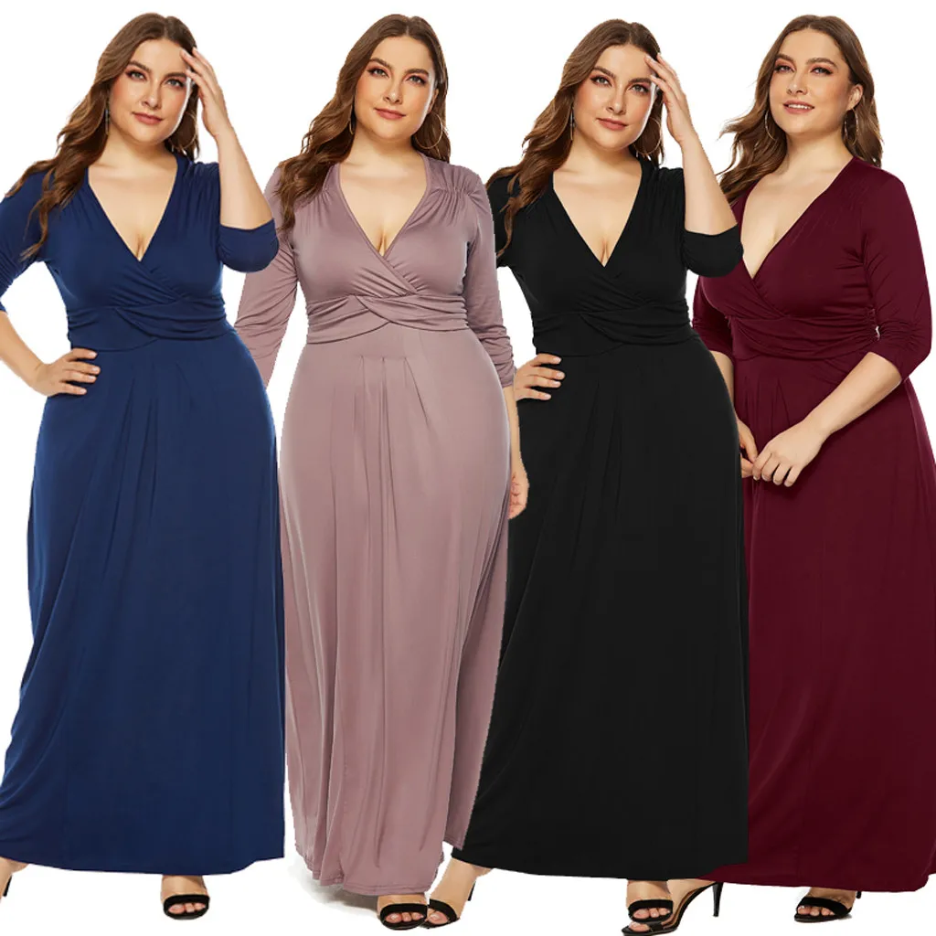 Womail платья больших размеров для женщин, женские повседневные платья больших размеров с v-образным вырезом и рукавом средней длины, плиссированное обтягивающее платье, осеннее платье Ju12