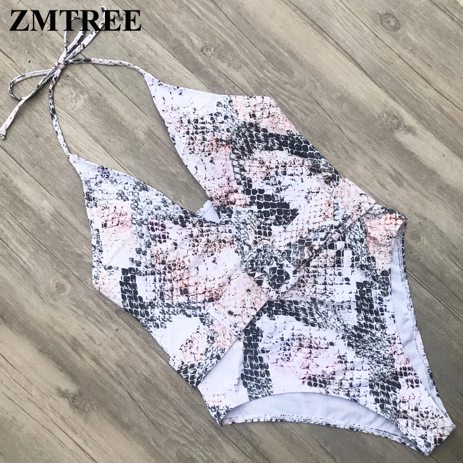 

ZMTREE Haler Top One Piece Swimsuit Snake Printed Bathing Suit For Women Lady Swimwear With Belt Backless Monokini 2019