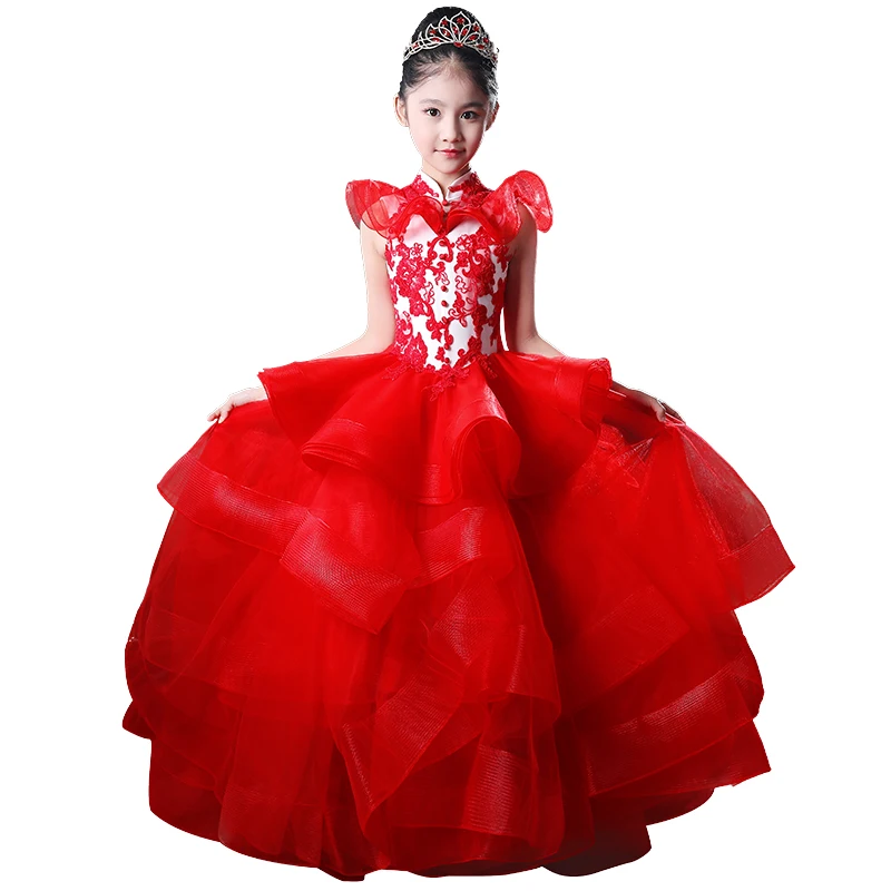 Роскошное платье принцессы для девочек; Новинка года; бальное платье с длинным шлейфом и вышивкой; платье для дня рождения, подиума, сцены; JF487 - Цвет: Красный