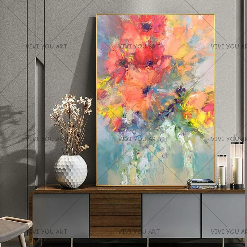 

Handmade Red Knife Flower Painting Abstract Paintings on Canvas New Style Still Life Painting Hang Picture Decor Oil Painting
