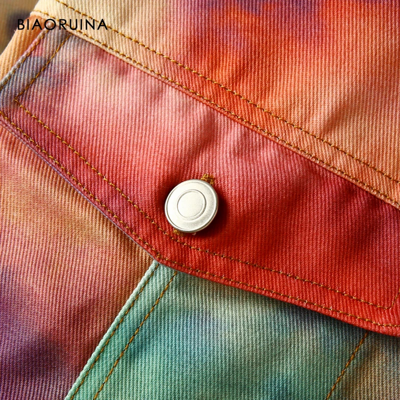 Most effective  BIAORUINA Women's Colorful Ink Printing Denim Jacket Coat Female Single Breasted Straight Coat Turn