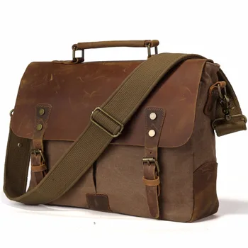 

TIDING Vintage Real Leather Canvas Bags 14 inch Laptop Bag Retro Style Cross Body Messenger Bag Crazy Horse Leather Bags 11432