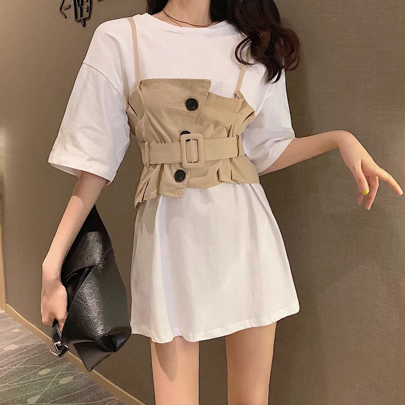 

2 colors summer dress 2019 Casual loose short sleeve t shirt Dress Mini Vestidos Feminino+vest 2pcs set women dress (BY9963)