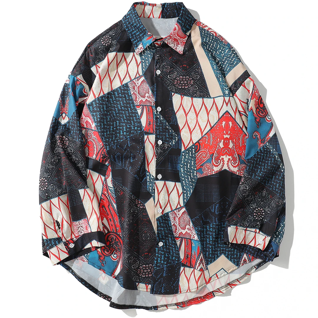 Aelfric Eden, Осенние японские рубашки Ukiyo с геометрическим рисунком, с длинным рукавом, в стиле хип-хоп,, Повседневная Уличная одежда для мужчин и женщин, рубашка Kj169 - Цвет: Черный