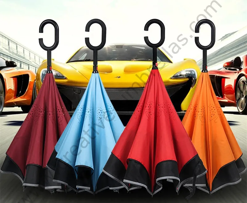 

2pcs/lot 98cm 2-3persons C-Hook reflective neon windproof self-defense Reverse Car umbrella Double Layer Inverted stand parasol