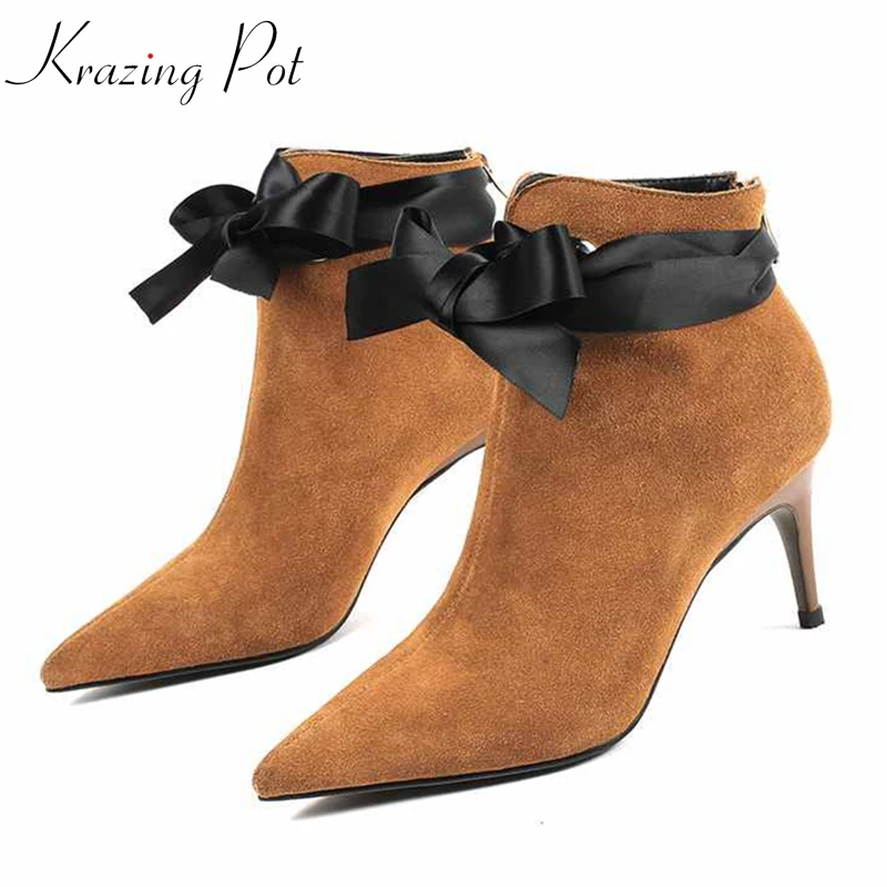 

Krazing Pot recommend 2018 cow suede high heels ribbon bowtie decoration pointed toe European plus size wedding ankle boots L77
