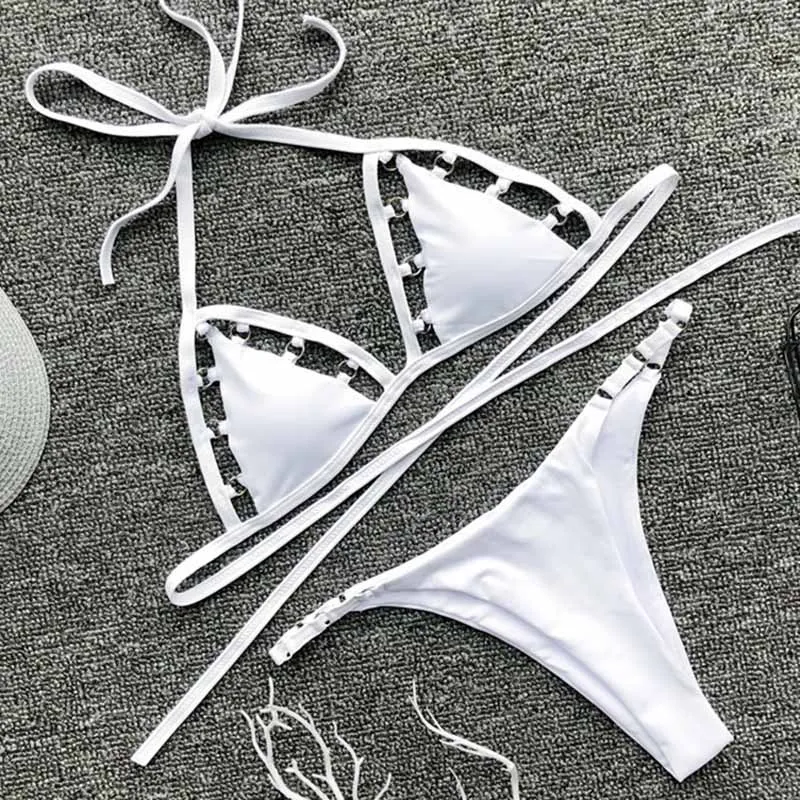 Сексуальный Черный Белый бикини со стрингами купальники tanga женский купальный костюм из двух частей купальный костюм купальный набор бикини в форме треугольника - Цвет: white