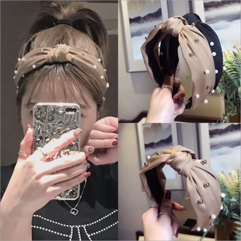 

High-end hair accessories women's satin fabric beaded middle knotted wide-brimmed headband headband fashion hair band headwear