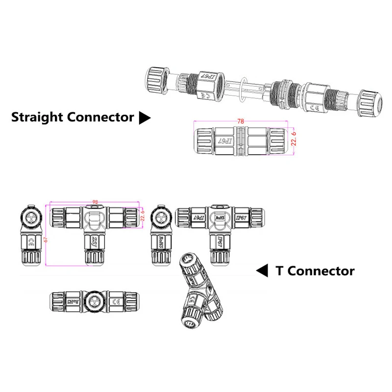 IP67-Waterproof-Connector-2-3-Pin-Straight-T-Shape-Outdoor-Lighting-Connector