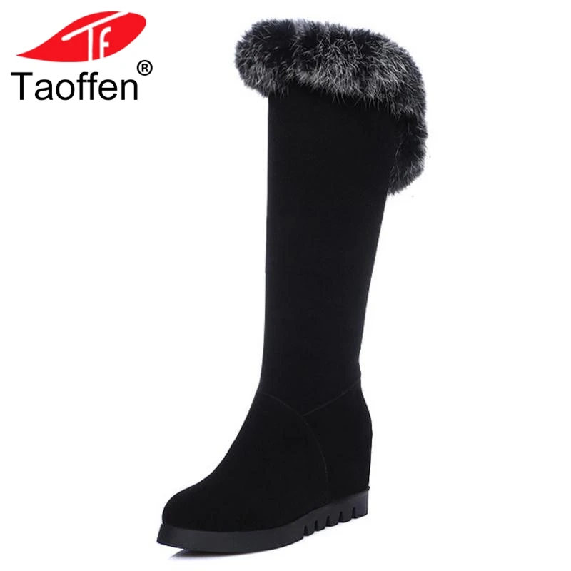 

Taoffen 5 Colors Sexy Women Flats Boots Warm Plush Heeled Shoes Winter Knee High Boots Inside Fur Heeled Footwear Size 32-43