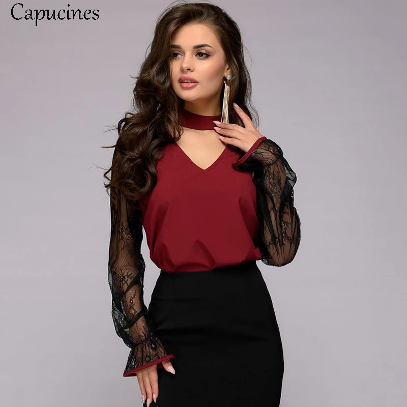 

Fashion Lace Stitching Chiffon Shirts Women Choker V-Neck Spring Summer Long Sleeve Blouses Sexy Modern Lady Tops Blusas