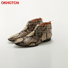 OKHOTCN New Embossed Python Leather Buckle Strap Men Ankle Boots Snakeskin Flat Heels Runways Cowboy Riding Boots Chelsea Boots OKHOTCN New Embossed Python Leather Buckle Strap Men Ankle Boots Snakeskin Flat Heels Runways Cowboy Riding Boots Chelsea Boots