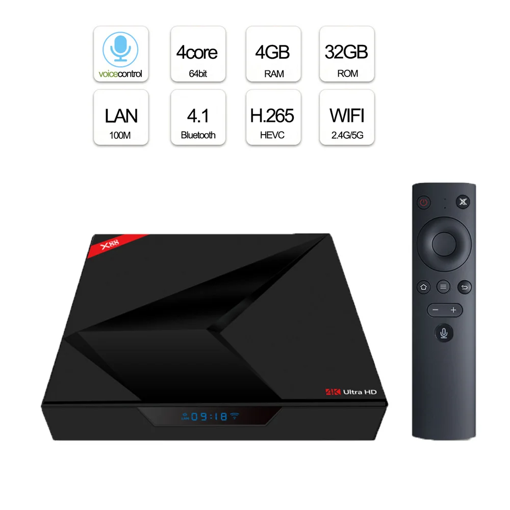 X88 Android 7.1 Smart TV Box 4G 32G RK3328 Quad Core With Voice Control Smart Media Player 4K H,265 BT Dual 5G WiFi Set top box X88 Android 7.1 Smart TV Box 4G 32G RK3328 Quad Core With Voice Control Smart Media Player 4K H,265 BT Dual 5G WiFi Set top box