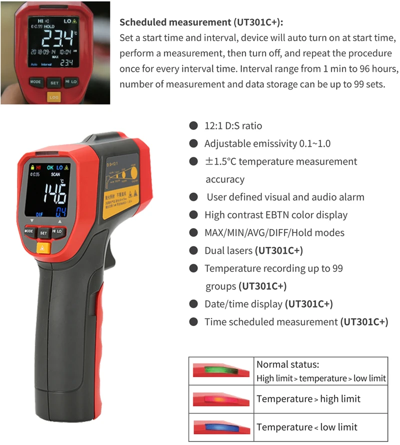 UNI-T UT301A+/UT301C+ инфракрасный термометр; цветной экран бесконтактный термометр/-32~ 420C, регулируемая излучательная способность