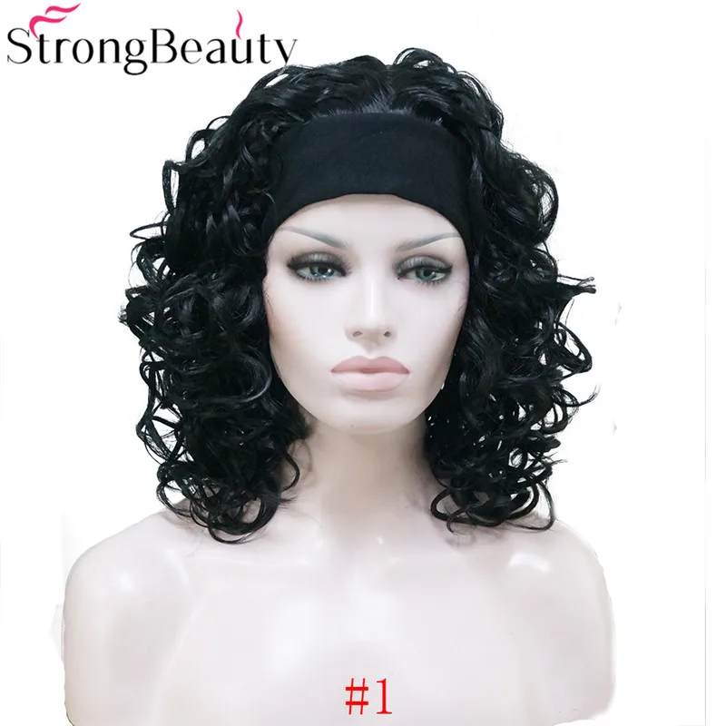 StrongBeauty Короткие вьющиеся синтетические парики с повязкой на голову женские черные/красные/светлые/коричневые парики 3/4 половина парик для женщин
