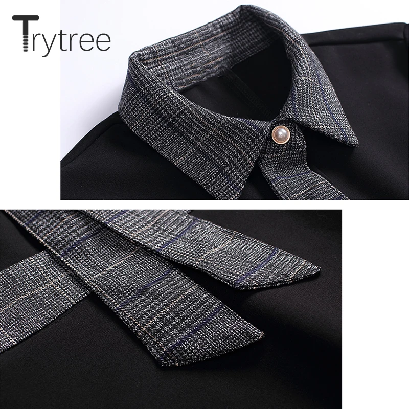 Trytree осеннее платье повседневное ТРАПЕЦИЕВИДНОЕ женское черное рубашка