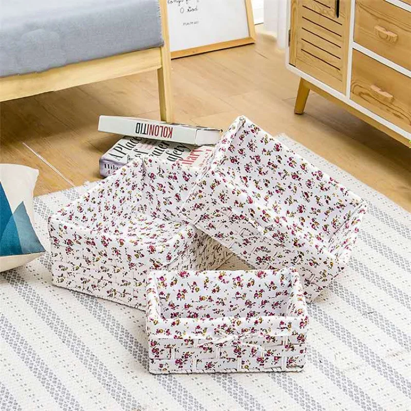 Straw storage basket with printing fabric for toys table snack neatening storage paper string box steel frame with cotton lining