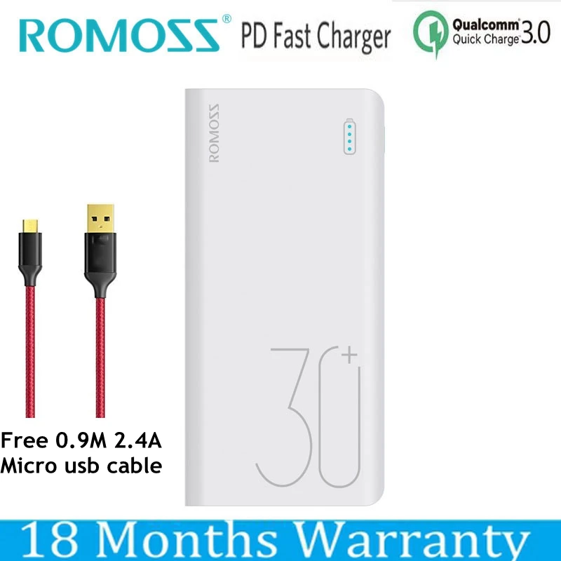 Romoss 30000 мАч Зарядное устройство Быстрая зарядка QC 3,0 зарядное устройство usb c pd 9V 2A 12V 1.5A для iPhone XS Xiaomi Mi8 samsung S9 Nexus 6p