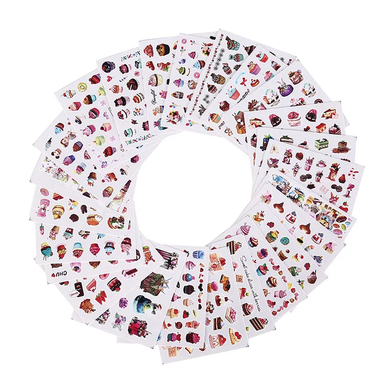 

24PCS Mixed Colorful Designs Cake Ice Cream Nail Sticker Makeup Water Tattoos Nail Art Decals Water Transfer Nail Sticker Decor