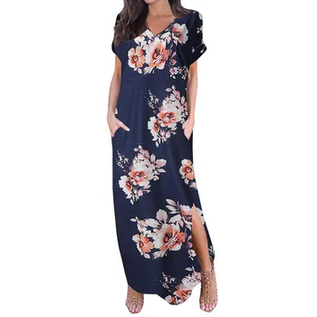 

Women Summer Maxi Dress Casual Sleeve V-neck Floral Print Party Long Dresses Robe Femme Summer Dress 2019 Vestidos De Verano New