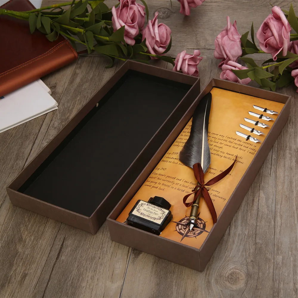 

Feather Quill Pen 250mm Feather Pen Set Antique Feather Writing Calligraphy Dip Pen Quill With 5 ink Nibs Set Gift