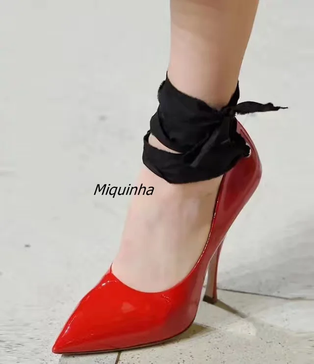

Sexy Red Patent Leather Pointy Stiletto Heel Pumps Women Color Matched Silk Lace Up High Heels Delicate Thin Heel Dress Shoes