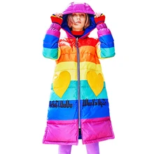 Зимняя женская двухсторонняя пуховая куртка, Женская парка в радужную полоску с буквенным принтом, Брендовое длинное пальто с капюшоном размера плюс, теплое пальто