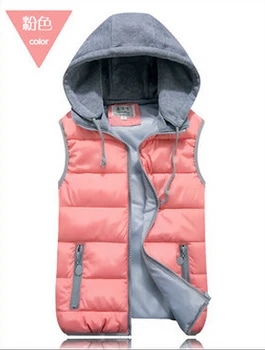 

Women Cotton Wool Collar Hooded Down Vest Removable Hat Female Thicken Winter Warm Black Jacket Outerwear New