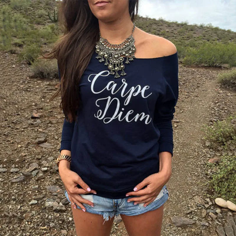 

Sexy Women Long Sleeve Casual T-shirt Cotton Letters Print Tee Tops Casual Spring Autumn T-shirts QL Sale