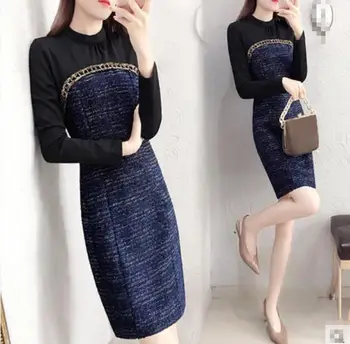 

Patchwork spring 2018 new long sleeve knee length black blue streetwear girls women dresses