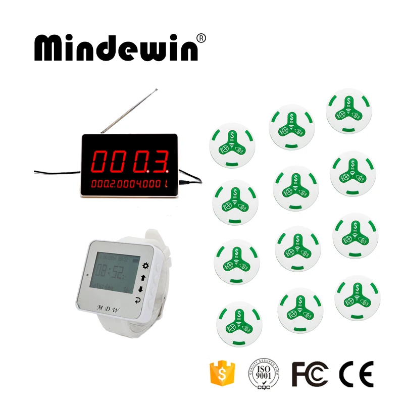 Mindewin 1 шт. светодиодный дисплей, для приема+ 1 шт. наручные часы с пейджером+ 12 шт. кнопка вызова официанта беспроводная пейджинговая система для ресторана - Цвет: White green