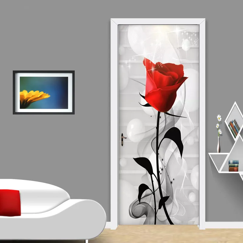 Canvas Print Self Adhesive Picture Plant Rose Creative Door Decor Stickers 3D Mural Renovation Decals For Living Room Bedroom